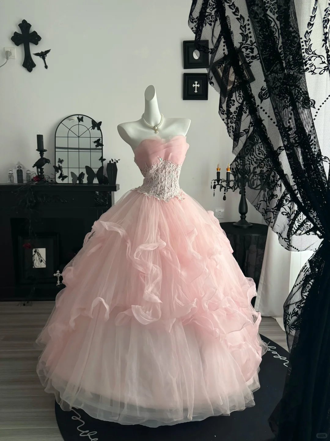 Sweet Pink Ball Gown Strapless Tulle Appliques Birthday Quinceanera Dress D3702