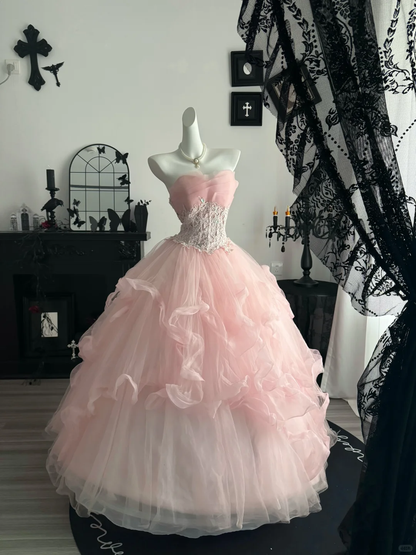 Sweet Pink Ball Gown Strapless Tulle Appliques Birthday Quinceanera Dress D3702