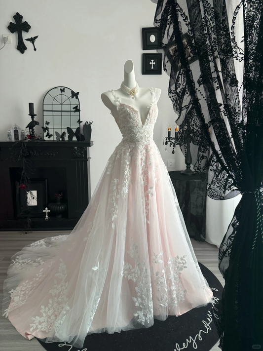 Glamorous Pink Spaghetti Straps Tulle Appliques Long Party Dress Evening Dress D3709