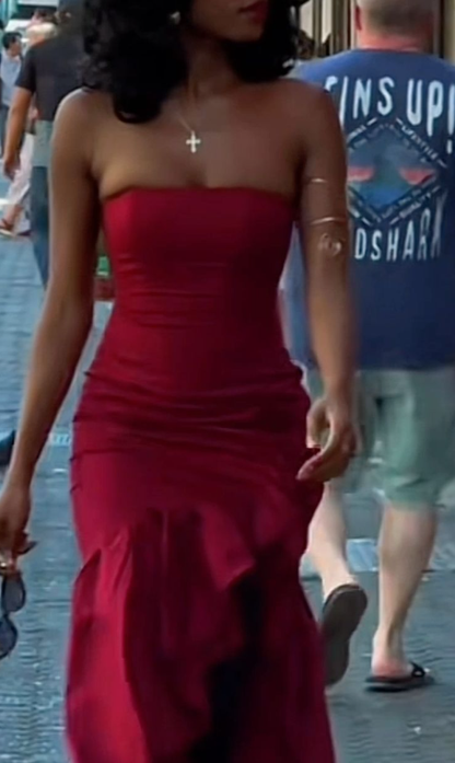 Pretty Strapless Satin Ruffles Mermaid Evening Dress Red Long Birthday Party Dress D4781