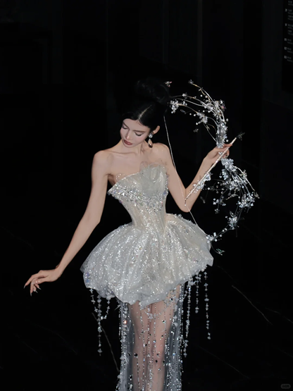 Shiny White Strapless Tulle Sequin Beaded A Line Graduation Homecoming Dress,Formal 18th Birthday Outfits D3064