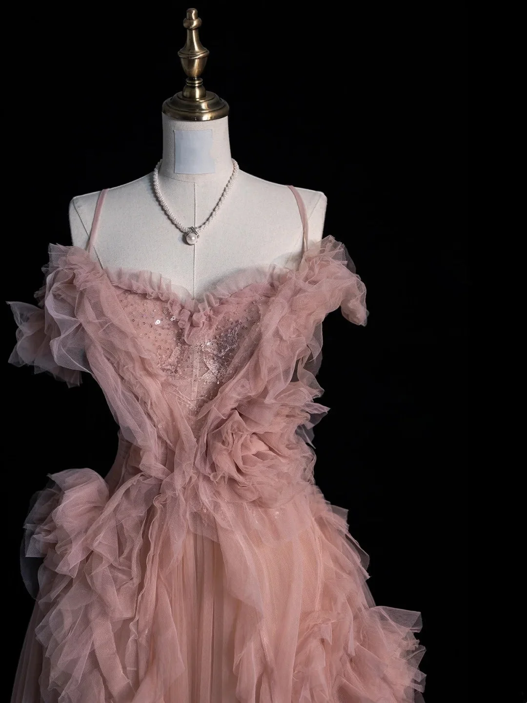 Pretty Spaghetti Strap Pink Tulle Pleated Beaded Long Evening Dress Birthday Party Dress D4833
