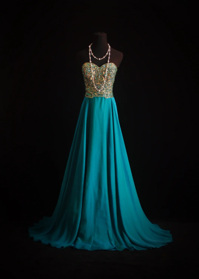 Unique Blue Green Strapless Satin Beaded Long Wedding Guest Dress Formal Birthday Party Dress Prom Gown D1999