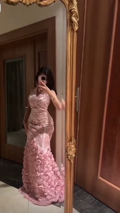 Pretty Halter V Neck Satin Sequin 3D Floral Pink Mermaid Long Party Dress Evening Gowns D5133