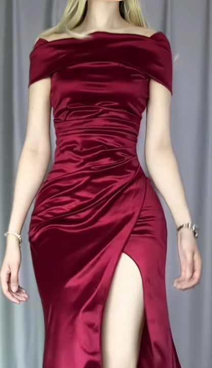 Pretty Burgundy Off The Shoulder Satin Pleated Mermaid Party Dress Long Slit Evening Gowns D2486