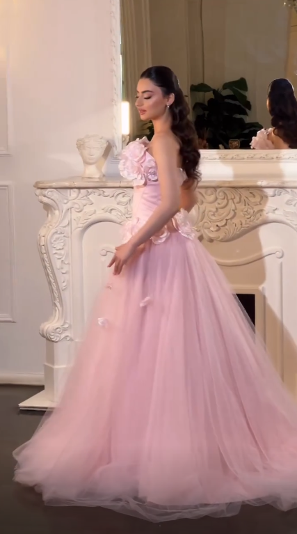 Elegant Pink Strapless 3D Floral Tulle Long Party Dress Evening Dress D3737