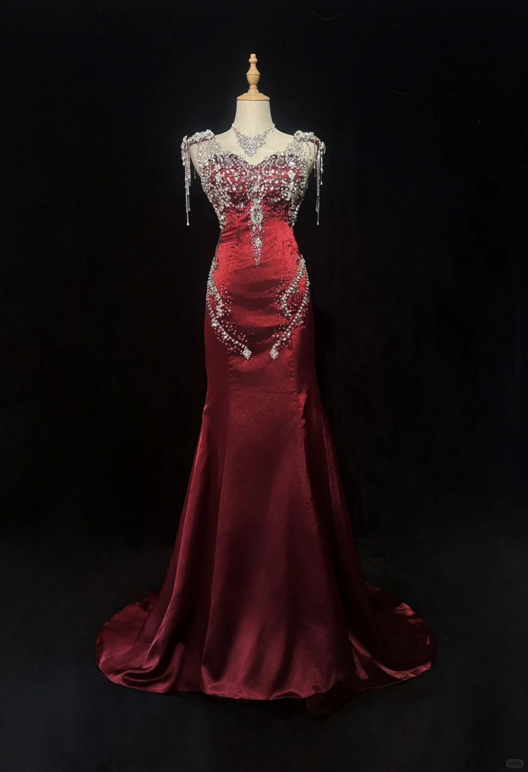 Gorgeous Burgundy Satin Beaded Mermaid Long Party Dress Evening Gown D3117