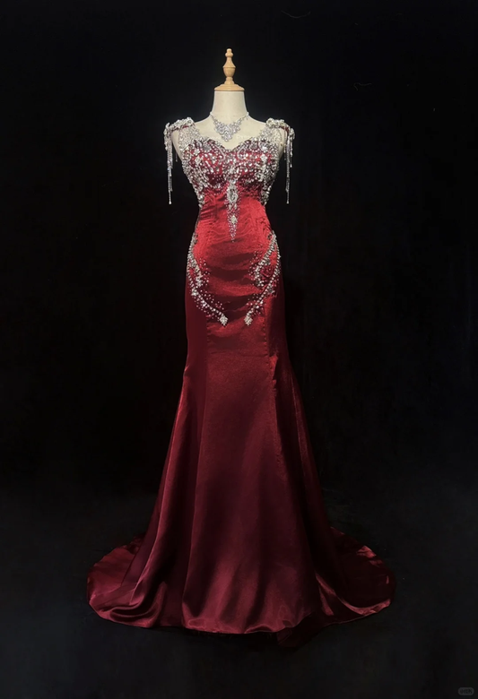 Gorgeous Burgundy Satin Beaded Mermaid Long Party Dress Evening Gown D3117
