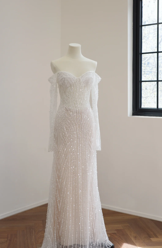 Shiny White Off The Shoulder Sequin Beaded Mermaid Long Party Dress Birthday Prom Dresses D2167