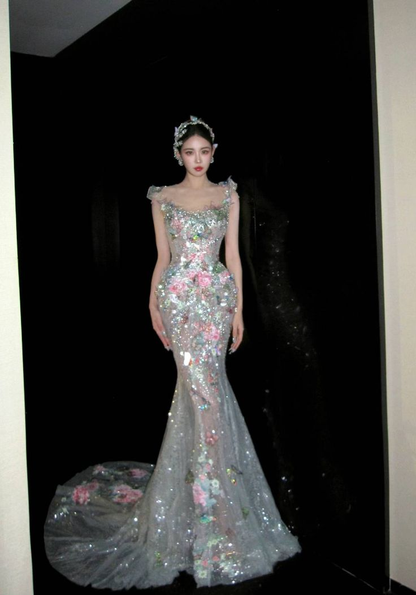 Glamorous Silver Tulle Sequin Beaded Butterfly Appliques Mermaid Long Wedding Dress Formal Bridal Dress D1978