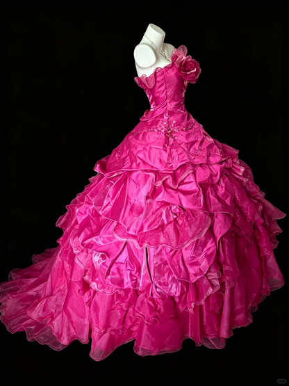 Chic Strapless Ball Gown Hot Pink Satin Tulle Ruffle Sequin Birthday Quinceanera Dress D5286