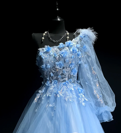 Pretty One Shoulder Blue Tulle Appliques Long Party Dress Formal Evening Dresses D1828