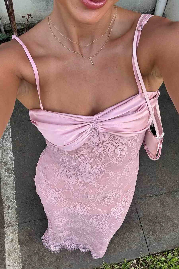 Pretty Spaghetti Straps Pink Lace Mermaid Evening Dress Long Prom Gown D1424