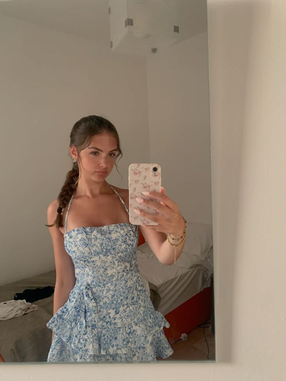 Elegant Blue Satin Printed Floral Short 7th Grade Homecoming Dress,Halter Mini Cocktail Dress D3284