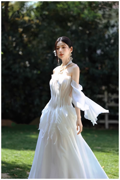 Fairy Off The Shoulder White Chiffon Pleated Pearls Long Party Dress Birthday Evening Gown D2411
