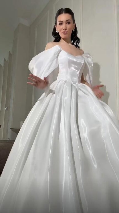Elegant Off The Shoulder White Tulle Satin Long Party Dress Birthday Evening Dress D4753