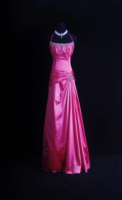 Pretty Hot Pink Halter SAtin Beaded Long Evening Dress Party Gown D4568