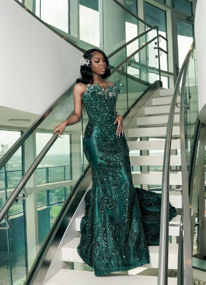 Luxury One Shoulder Satin Beaded Evening Dress Emerald Green Mermaid P –  SweetDress