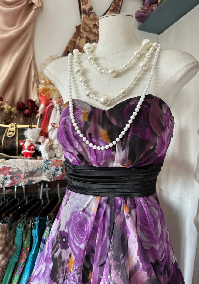 Charming Strapless Purple Chiffon Print Floral A Line Long Party Dress Birthday Prom Gown D1668