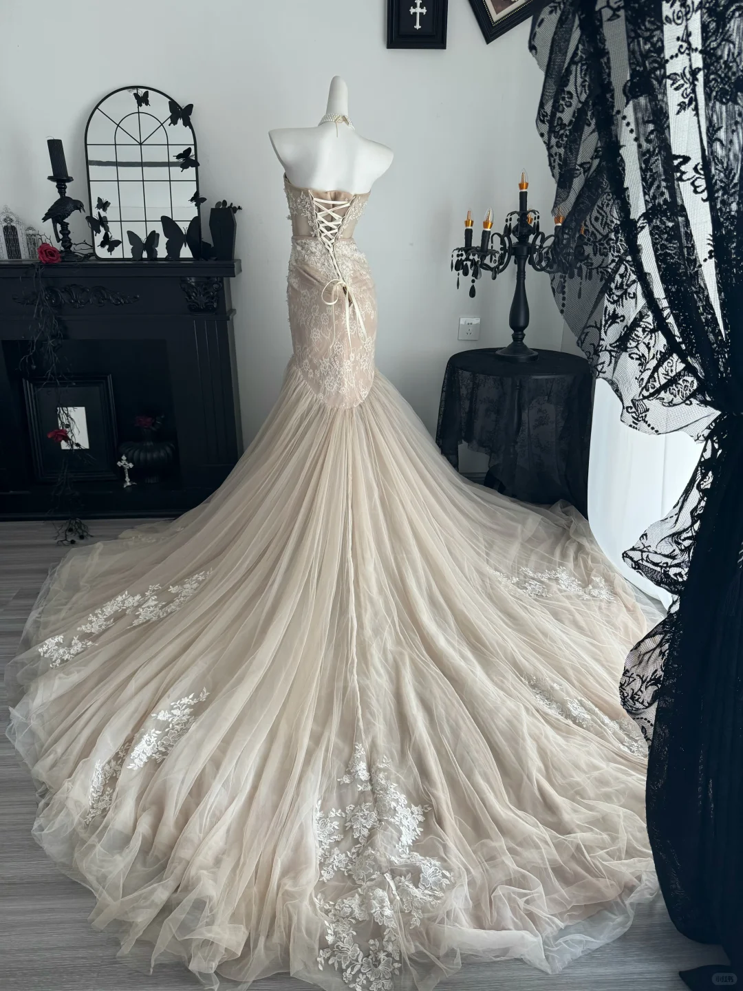 Elegant Light Apricot Tulle Appliques Mermaid Party Dress,Strapless Long Evening Dress D3691