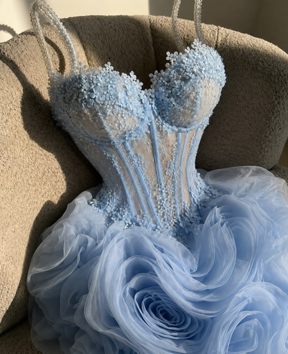 Glamorous Spaghetti Straps Blue Tulle Ruched Floral Short Homecoming Dress Birthday Outfits D4230