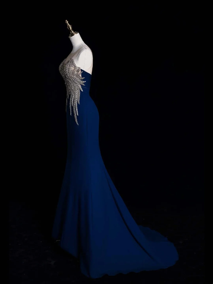 Elegant Blue Satin Beaded Mermaid Long Evening Dress Birthday Prom Dresses D4523