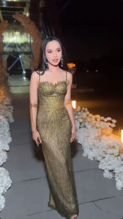 Sparkling Spaghetti Straps Tulle Sequin Beaded Long Evening Dress Green Mermaid Long Prom Dress D4858