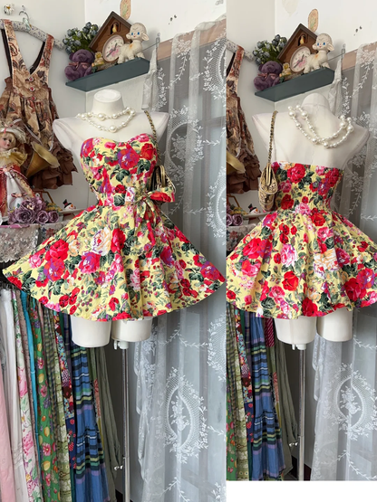 Vintage Strapless Satin Floral A Line Short 6th Grade Homecoming Dress,Mini Prom Dress D3204