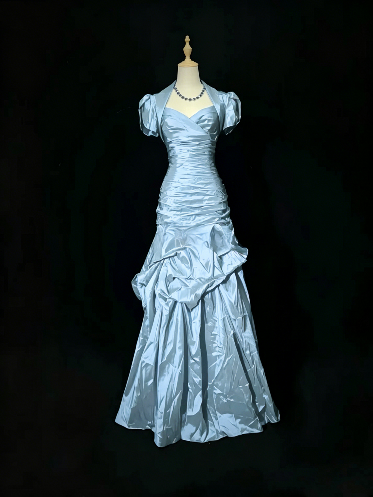 Vintage Blue Satin Pleated Mermaid Long Party Gown Formal Prom Dress D753