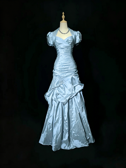 Vintage Blue Satin Pleated Mermaid Long Party Gown Formal Prom Dress D753
