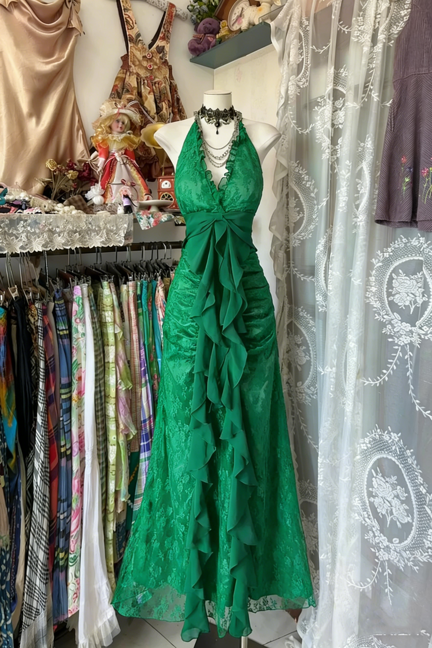 Vintage Mermaid Halter Sleeveless Long Black Lace Evening Dress Prom Dresses SD1908