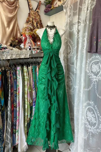 Vintage Mermaid Halter Sleeveless Long Black Lace Evening Dress Prom Dresses SD1908