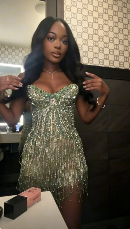 Luxurious Strapless Sequin Beaded Tassel Sheath Short Homecoming Dress Green Short Party Dress D4542