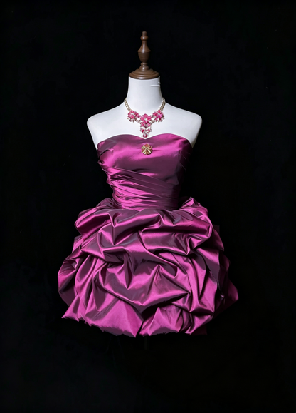 Pretty Strapless Satin Pleated Short Party Dress,Fuchsia Short 7th Grade Homecoming Dress D3359