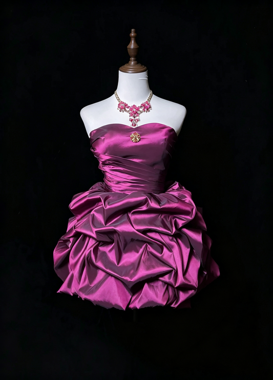 Pretty Strapless Satin Pleated Short Party Dress,Fuchsia Short 7th Grade Homecoming Dress D3359