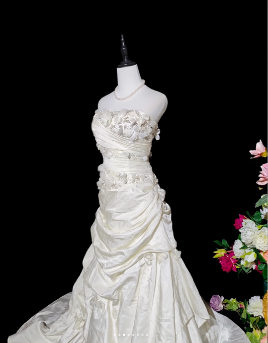 Pretty Ivory Strapless Satin Pleated Appliques Mermaid Party Dress Long Birthday Evening Gown D2363