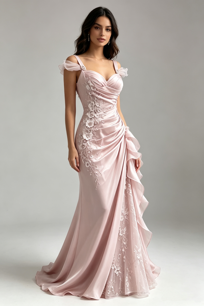 Pretty Pink Satin Tulle Appliques Mermaid Long Evening Dress ,Formal Birthday Prom Dress D3112