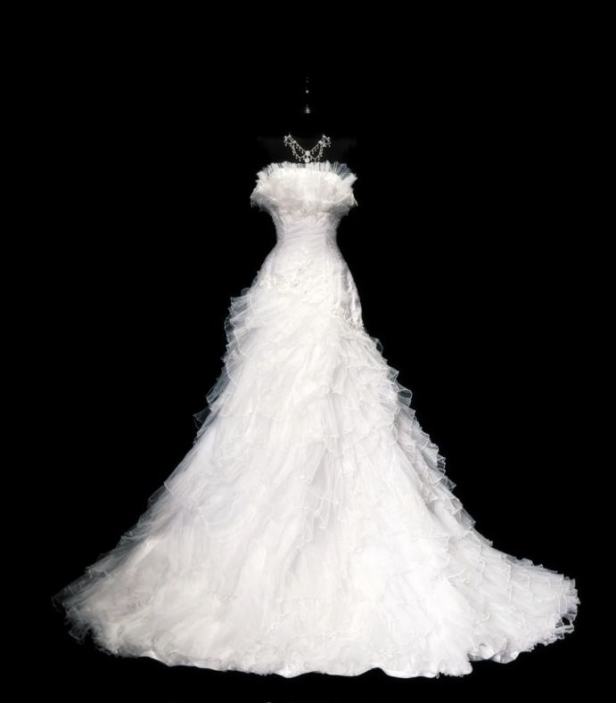 Classy Strapless White Tulle Appliques Layered Mermaid Long Wedding Guest Dress Formal Bridal Dress D1829