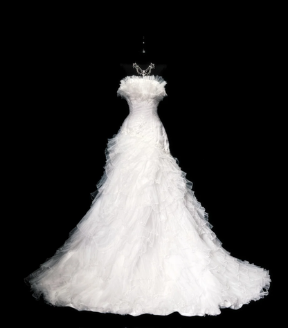 Classy Strapless White Tulle Appliques Layered Mermaid Long Wedding Guest Dress Formal Bridal Dress D1829