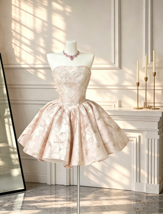 Unique Pink Strapless Satin Print Floral A Line Short Cocktail Dress Formal Birthday Outfits D2645