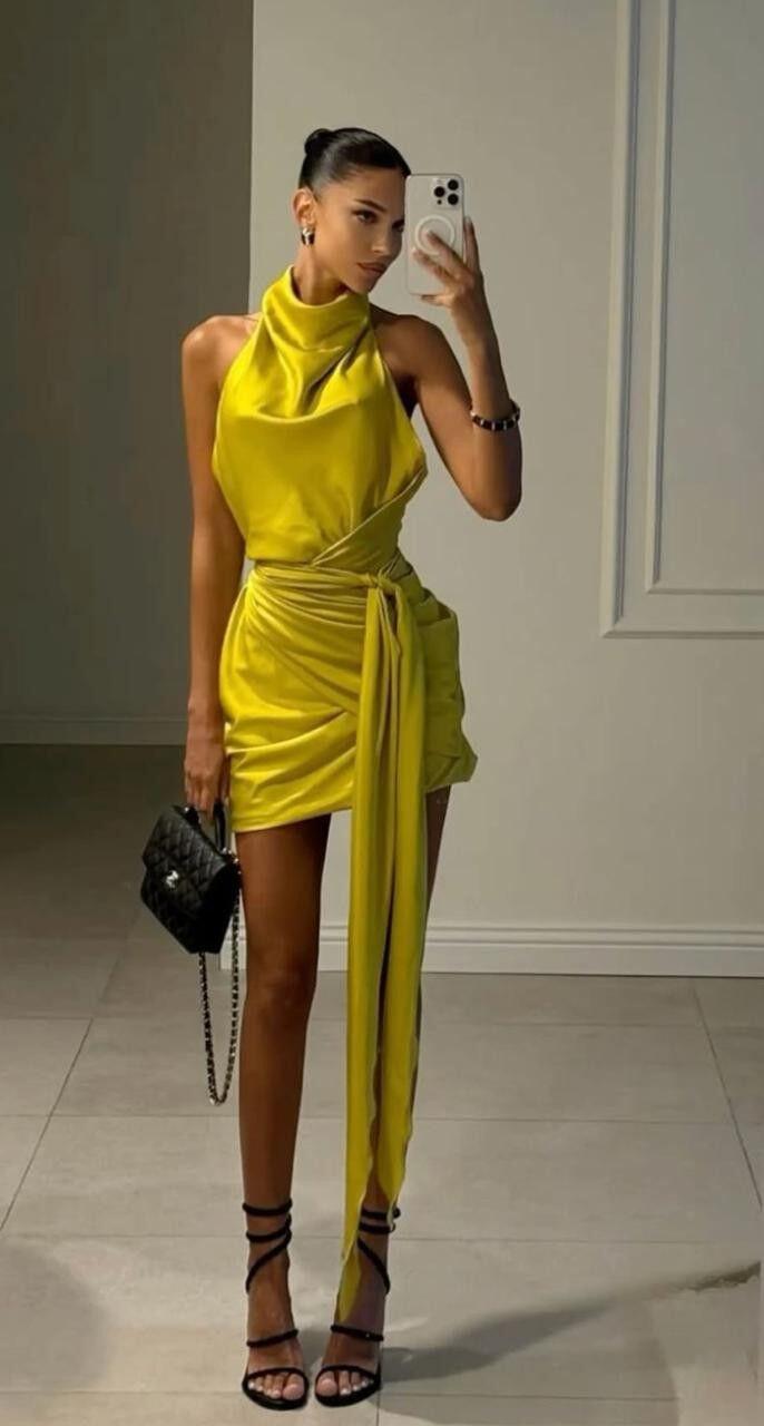 Sexy Mustard Yellow Satin Pleated Sheath Short Homecoming Dress Cocktail Dress D4442