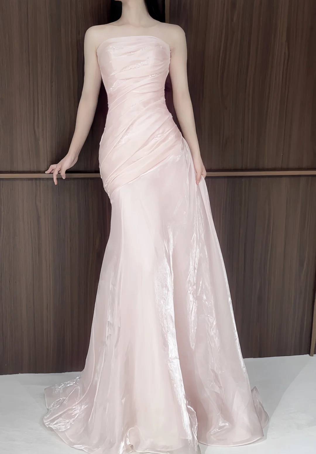Shiny Pink Organza Pleated Mermaid Long Party Dress Strapless Long Prom Gown D5087