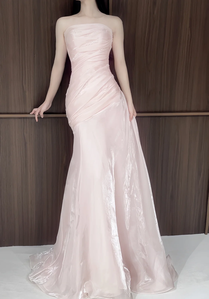 Shiny Pink Organza Pleated Mermaid Long Party Dress Strapless Long Prom Gown D5087