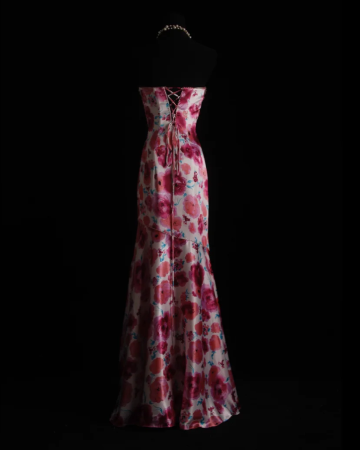 Charming Strapless Satin Floral Beaded Mermaid Long Birthday Prom Dress Evening Dress D2211