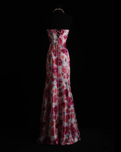 Charming Strapless Satin Floral Beaded Mermaid Long Birthday Prom Dress Evening Dress D2211