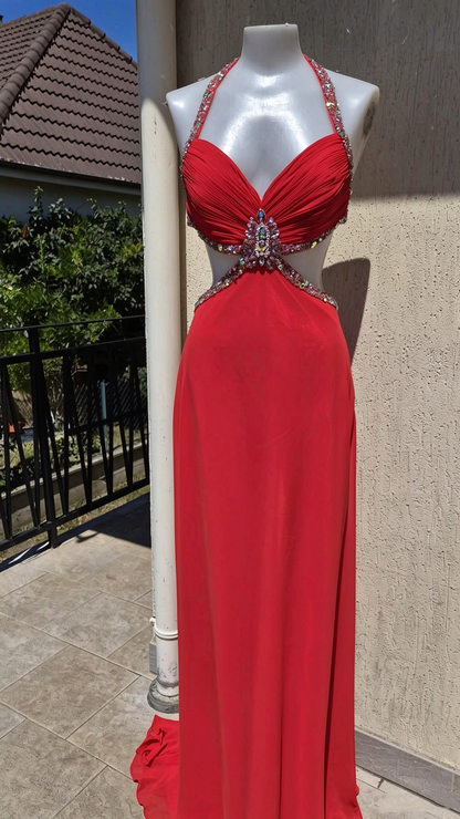 Sexy Red Halter Chiffon Beaded Long Party Dress Evening Dress D4953