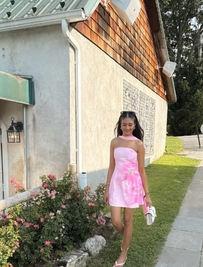 Classy Pink Strapless Satin Printed Floral Short Party Dress Formal Birthday Dress Homecoming Dress With Ribbon D744