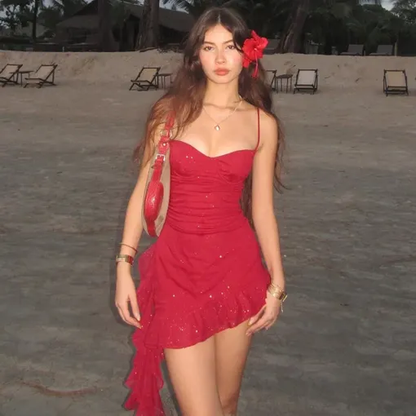 Shiny Red Spaghetti Straps Satin Sequin Ruffles Short Homecoming Dress Cocktail Dress D3241