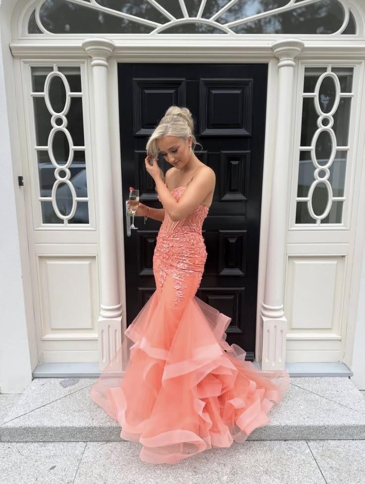 Charming Orange Tulle Appliques Mermaid Long Prom Dress Evening Dress D4415