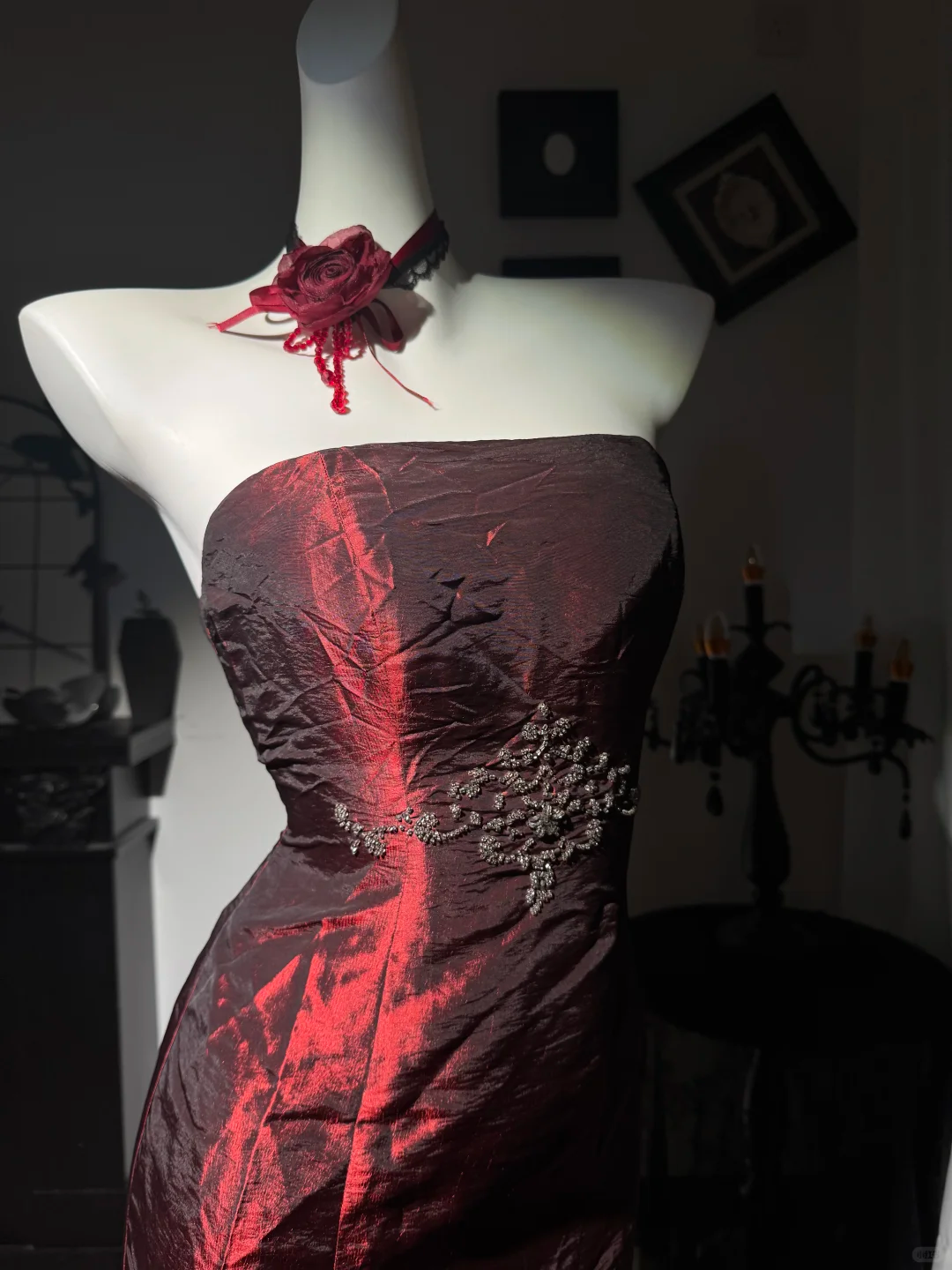 Vintage Burgundy Strapless Satin Beaded Mermaid Evening Dress Long Prom Gown D3732